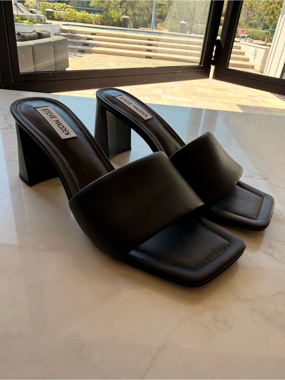 Steve Madden Black Padded Wide-Band Block Heel Mules